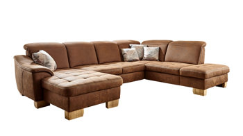 Ecksofa modulmaster aus Stoff in Hellbraun Modulmaster MM-PP1058 - Ecksofa in U-Form tabacfarbene Mikrofaser Mustang & Wildeiche – Stellfläche ca. 341 x 243 cm