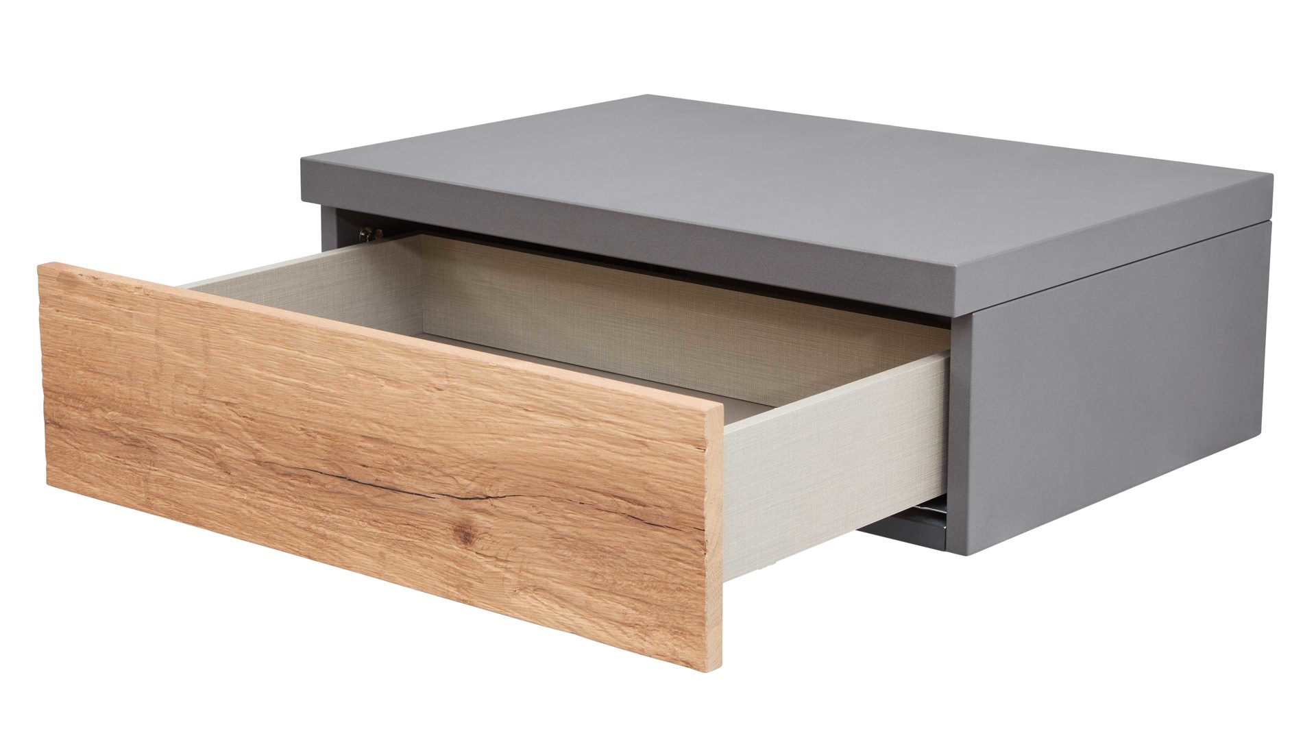 Nachtkommode Interliving aus Holz in Dunkelgrau Interliving Schlafzimmer Serie 1025 – Hängekonsole 530735 links, eine Schublade - Graphit & Balkeneiche gehackt