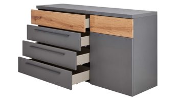 Kombikommode Interliving aus Holz in Dunkelgrau Interliving Schlafzimmer Serie 1025 – Kombikommode Graphit & Balkeneiche gehackt - vier Schubladen, eine Tür