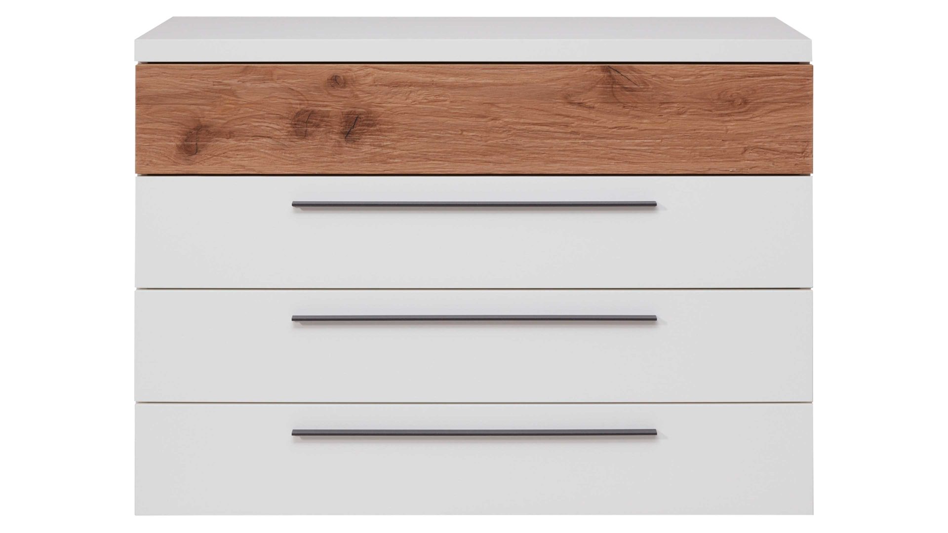 Schubladenkommode Interliving aus Holz in Weiß Interliving Schlafzimmer Serie 1025 – Schubladenkommode Weiß & Balkeneiche gehackt - vier Schubladen