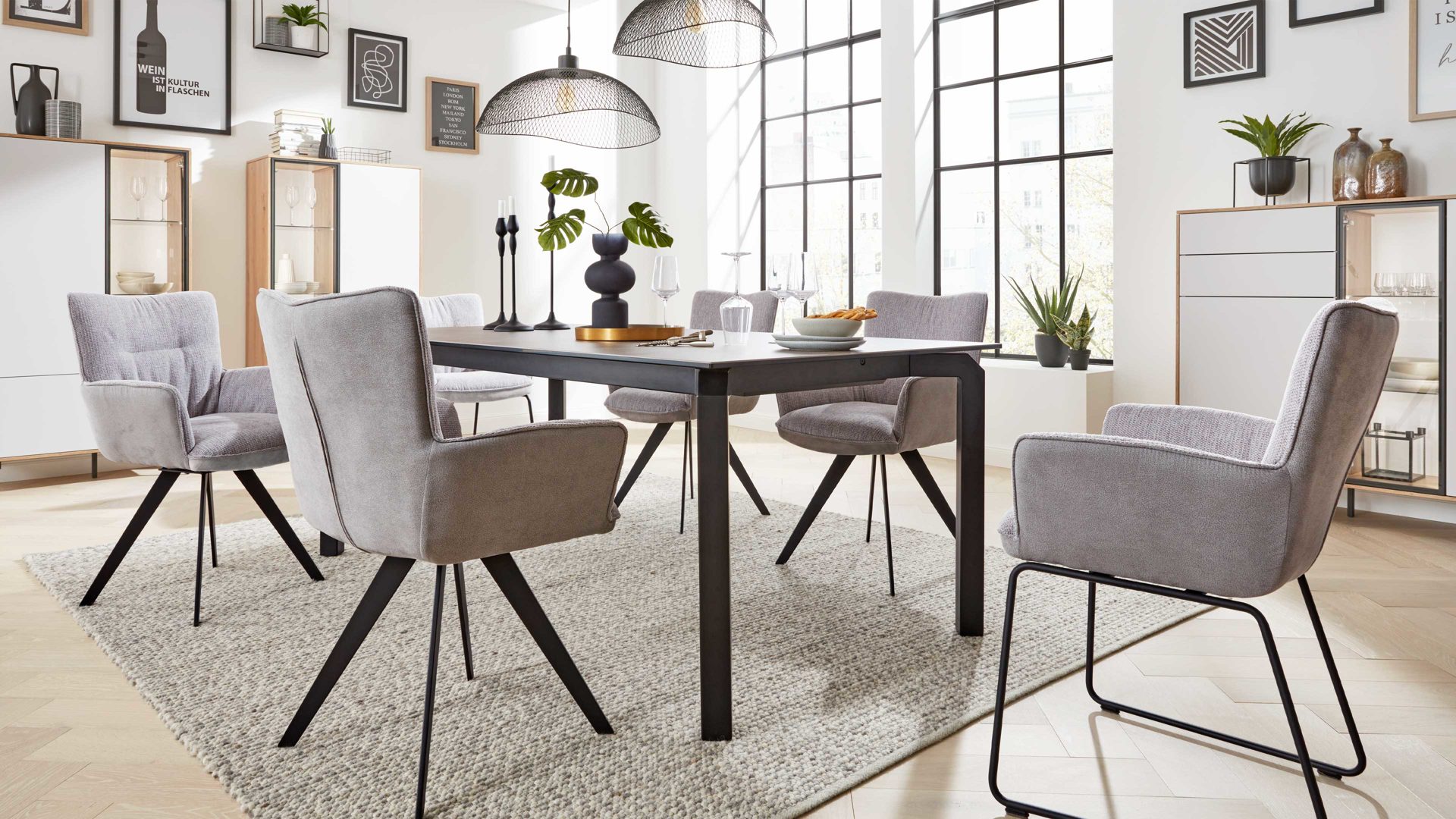 Auszugtisch Interliving aus Keramik in Grau Interliving Esszimmer Serie 5111 – Auszugtisch 6813-91 graue Glaskeramik & schwarzes Eisen – ca. 180-260 x 100 cm