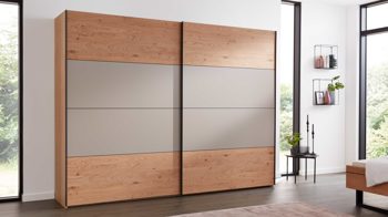Kleiderschrank Interliving aus Holz in Grau Interliving Schlafzimmer Serie 1024 – Schwebetürenschrank 982744 Design 25,  Taupe & Balkeneiche - zwei Türen, Breite ca. 241 cm