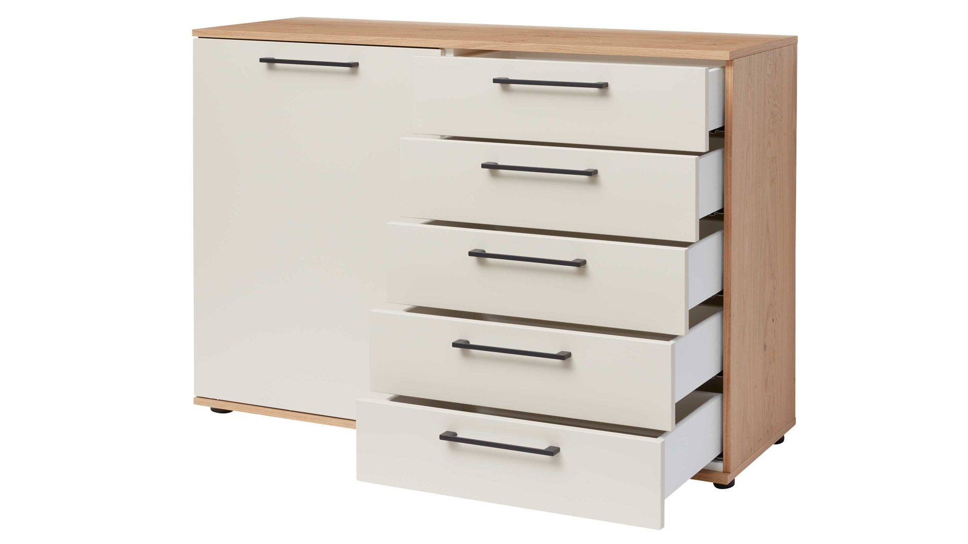 Kombikommode Interliving aus Holz in Beige Interliving Schlafzimmer Serie 1024 – Kombikommode 56016 links eine Tür, rechts fünf Schubladen - Sand & Balkeneiche, Breite ca. 120 cm