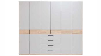 Kleiderschrank Interliving aus Holz in Grau Interliving Schlafzimmer Serie 1023 – Funktionsschrank Taupe & Balkeneiche - sechs Türen, drei Schubladen, Breite ca. 269 cm