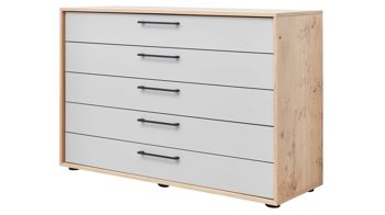 Schubladenkommode Interliving aus Holz in Weiß Interliving Schlafzimmer Serie 1023 – Schubladenkommode Weiß & Balkeneiche - fünf Schubladen, Breite ca. 124 cm