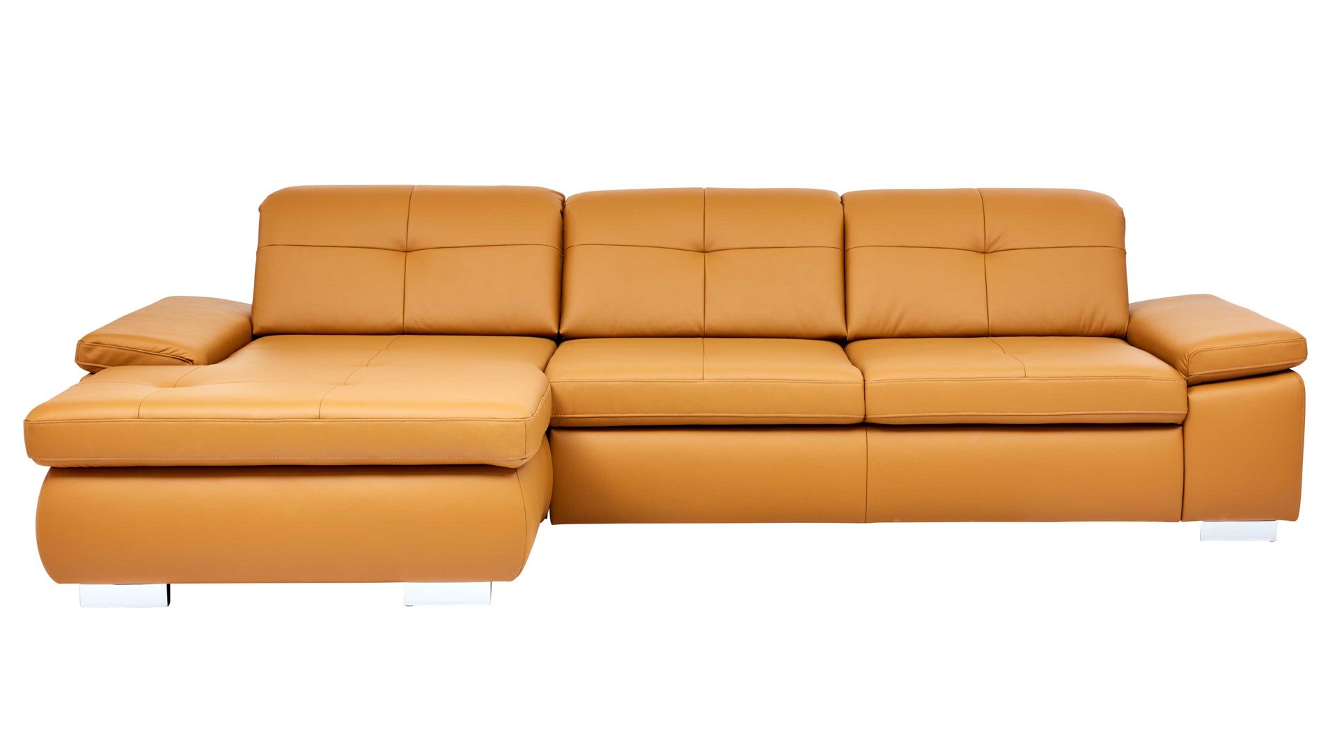 Ecksofa modulmaster aus Leder in Orange Modulmaster MM-PN1044 - Ecksofa kurkumafarbenes Leder Vivre & Rollenfüße – Stellfläche ca. 195 x 309 cm