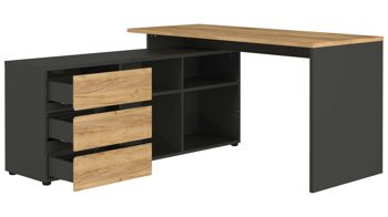 Eckschreibtisch Germania i.i. aus Holz in Holzfarben Winkelschreibtisch Lissabon Graphit & Navarra-Eiche - drei Schübe, vier Fächer