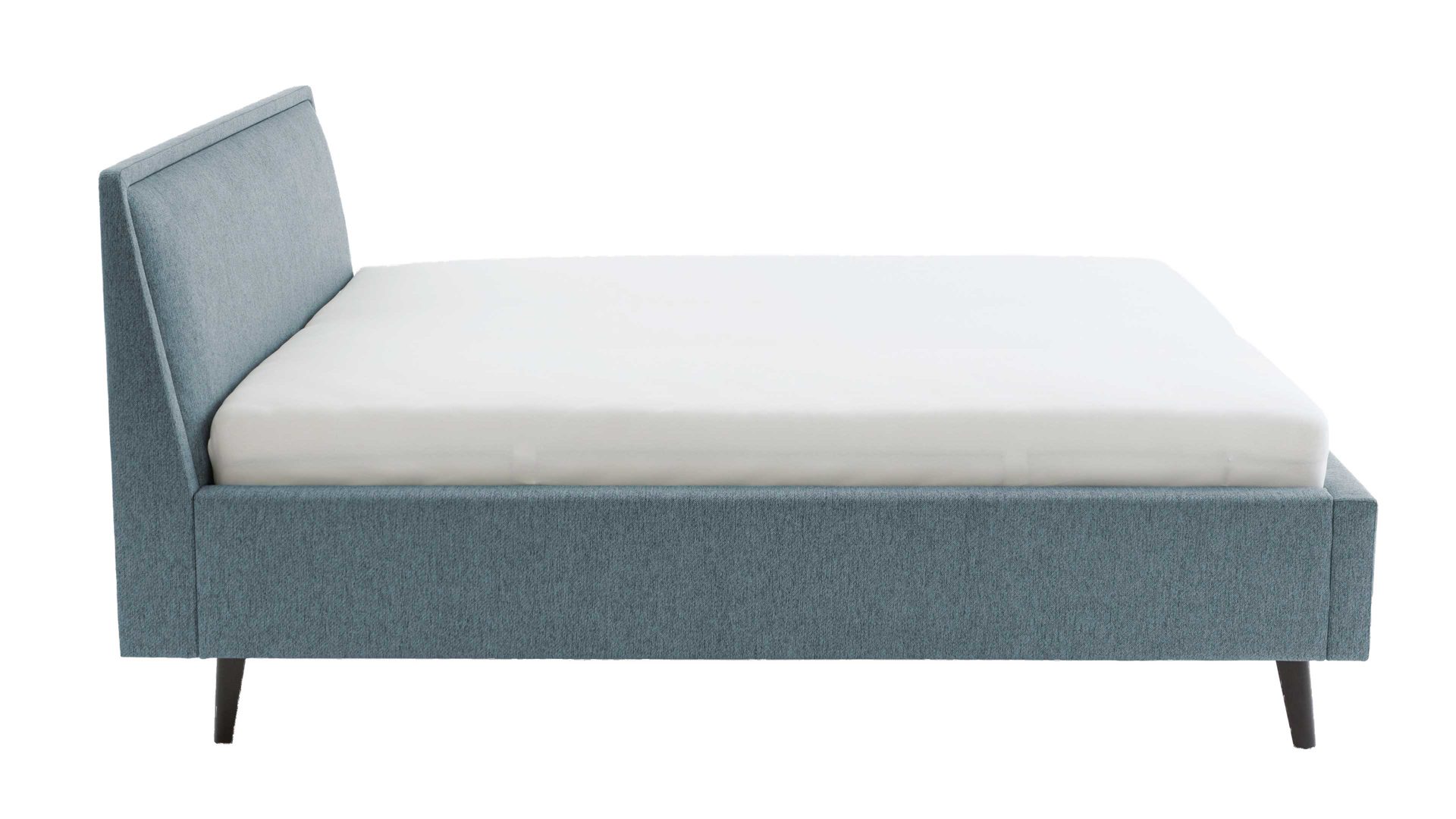 Bettgestell Meise.möbel aus Stoff in Blau Polsterbettgestell Frieda mit Bettkasten oceanfarbener Bezug Stelar 39 & schwarze Holzfüße - Liegefläche ca. 180 x 200 cm