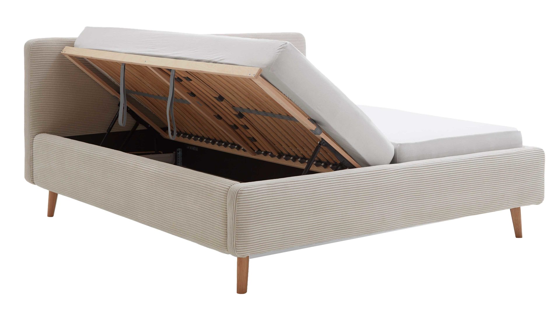 Bettgestell Meise.möbel aus Stoff in Beige Polsterbettgestell Mattis mit Bettkasten beiger Breitcord Poso 100 & Holzfüße - Liegefläche ca. 160 x 200 cm
