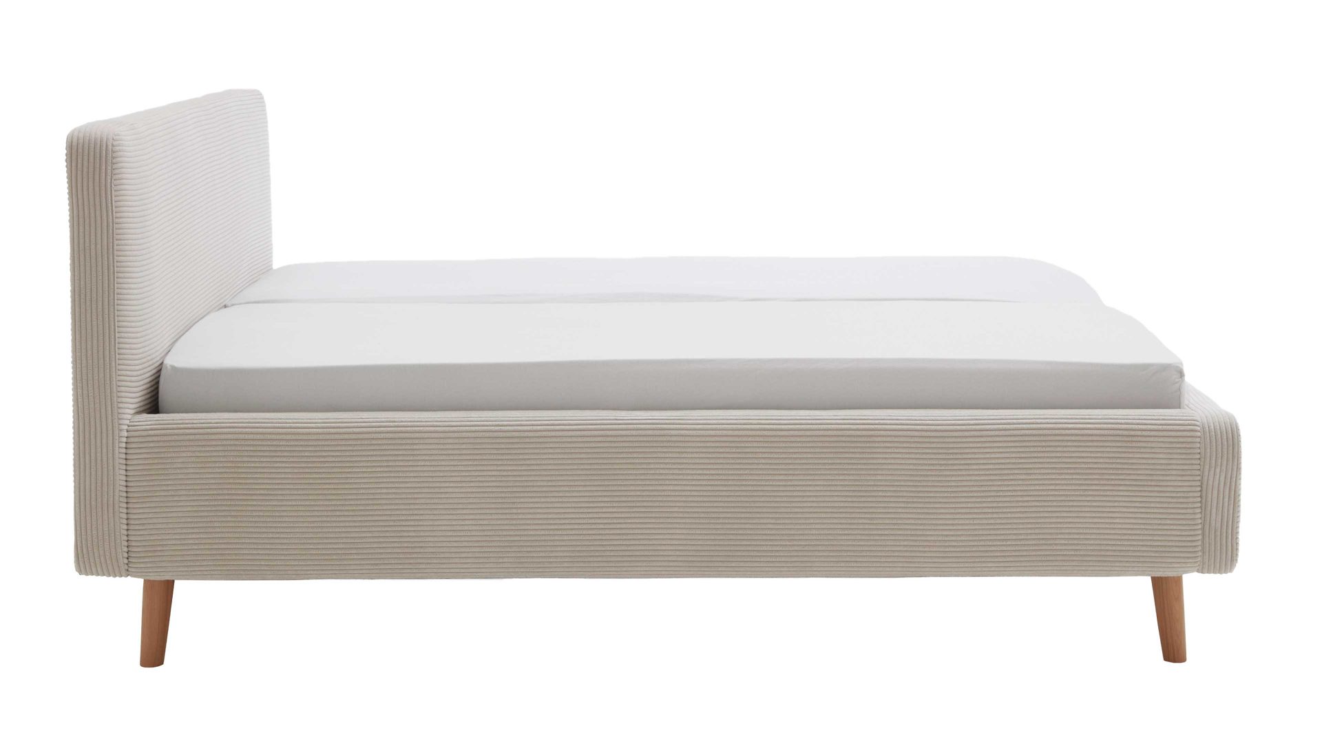 Bettgestell Meise.möbel aus Stoff in Beige Polsterbettgestell Mattis mit Bettkasten beiger Breitcord Poso 100 & Holzfüße - Liegefläche ca. 160 x 200 cm