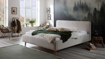 Bettgestell Meise.möbel aus Stoff in Beige Polsterbettgestell Mattis mit Bettkasten beiger Breitcord Poso 100 & Holzfüße - Liegefläche ca. 180 x 200 cm