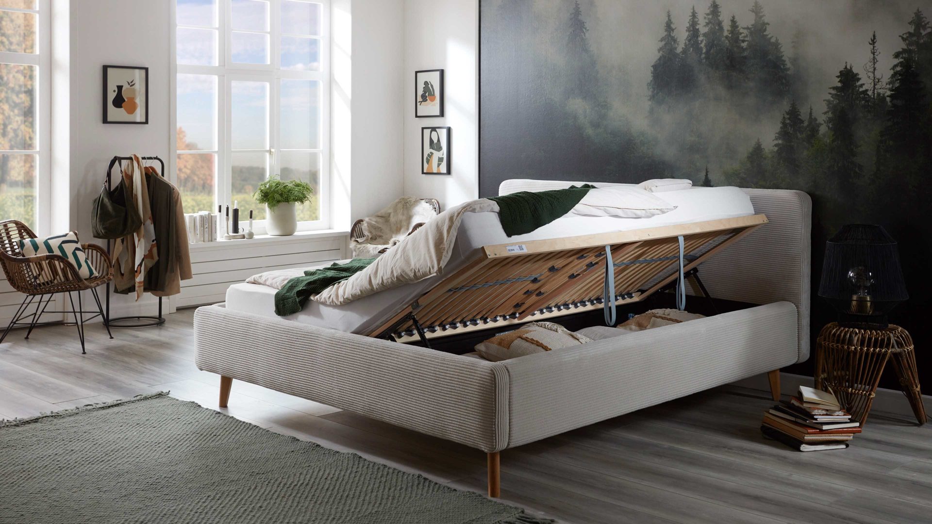 Bettgestell Meise.möbel aus Stoff in Beige Polsterbettgestell Mattis mit Bettkasten beiger Breitcord Poso 100 & Holzfüße - Liegefläche ca. 160 x 200 cm