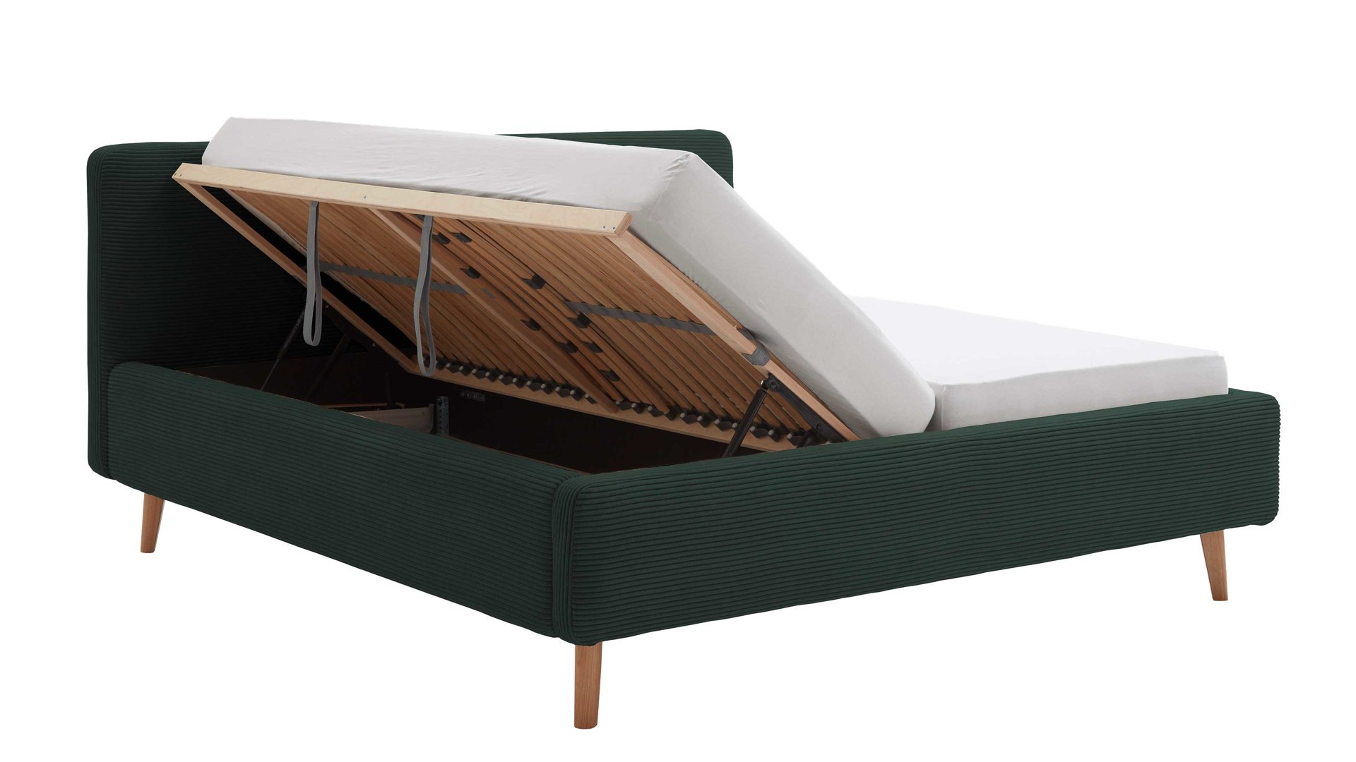 Bettgestell Meise.möbel aus Stoff in Dunkelgrün Polsterbettgestell Mattis mit Bettkasten dunkelgrüner Breitcord Poso 14 & Holzfüße - Liegefläche ca. 160 x 200 cm