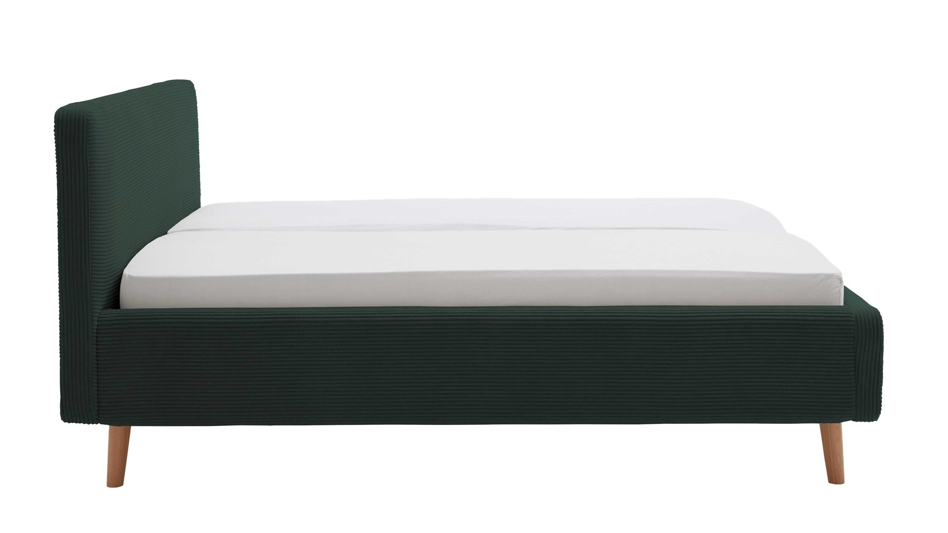 Bettgestell Meise.möbel aus Stoff in Dunkelgrün Polsterbettgestell Mattis mit Bettkasten dunkelgrüner Breitcord Poso 14 & Holzfüße - Liegefläche ca. 160 x 200 cm