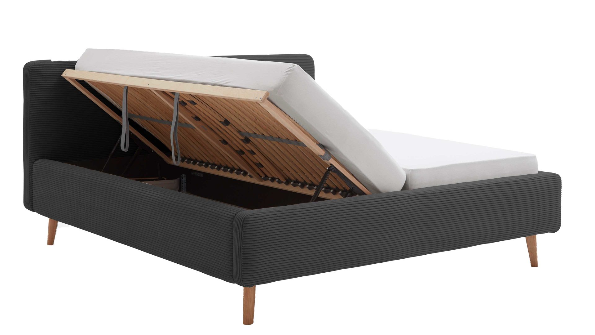 Bettgestell Meise.möbel aus Stoff in Anthrazit Polsterbettgestell Mattis mit Bettkasten anthrazitfarbener Breitcord Poso 34 & Holzfüße - Liegefläche ca. 160 x 200 cm