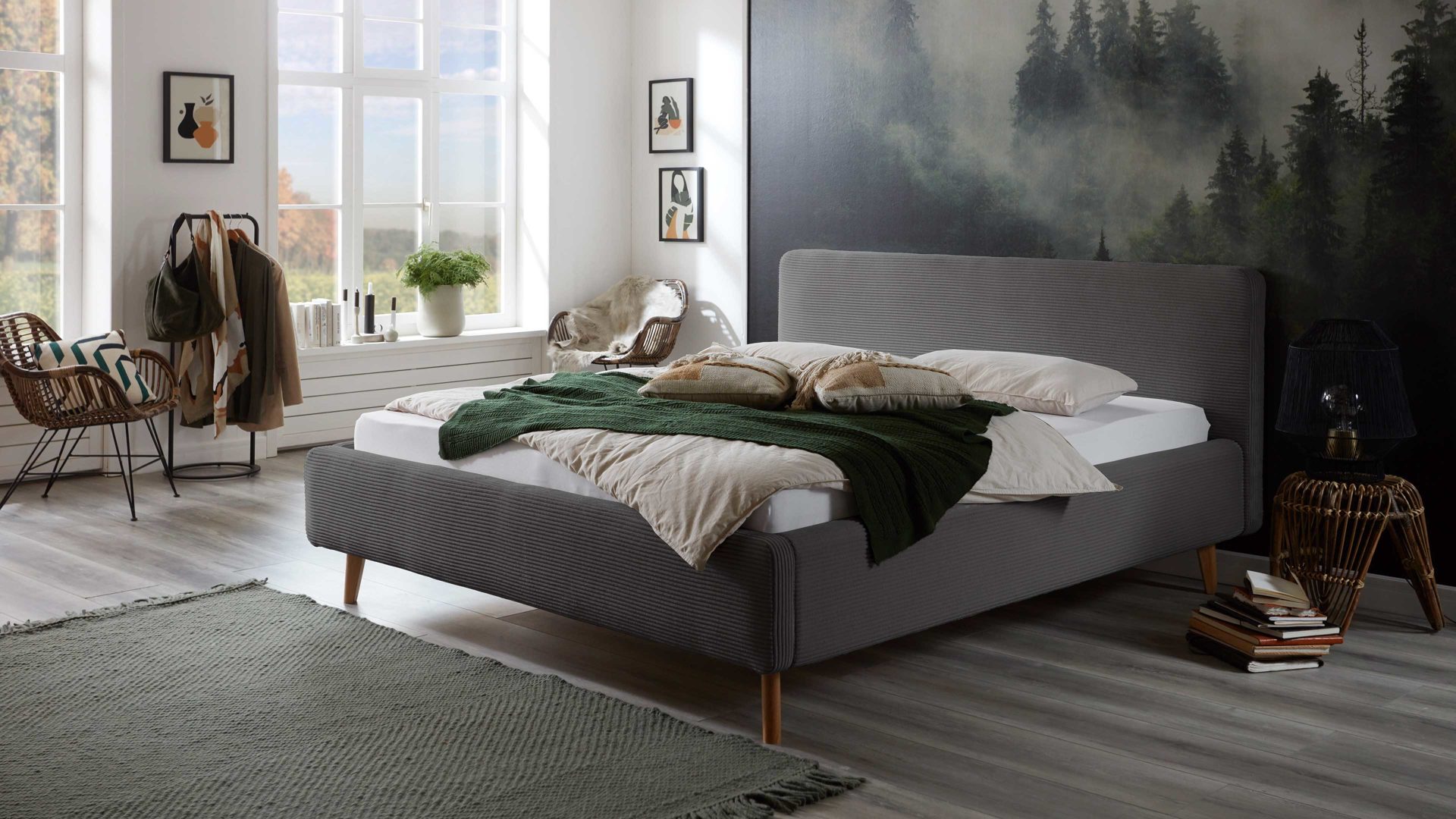 Bettgestell Meise.möbel aus Stoff in Grau Polsterbettgestell Mattis mit Bettkasten grauer Breitcord Poso 22 & Holzfüße - Liegefläche ca. 160 x 200 cm