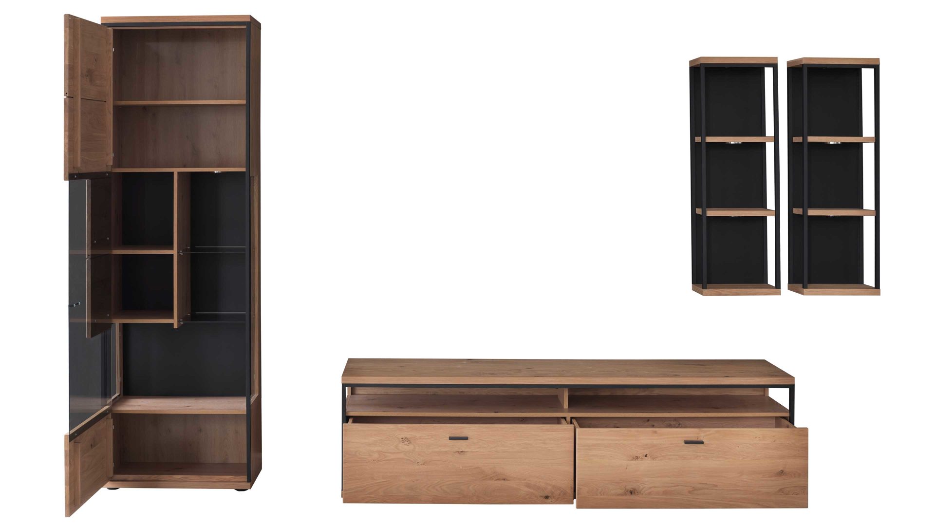 Wohnwand Mca direkt aus Holz in Holzfarben Wohnprogramm Bari - Wohnwand Asteiche Bianco – vierteilig, Breite ca. 300 cm