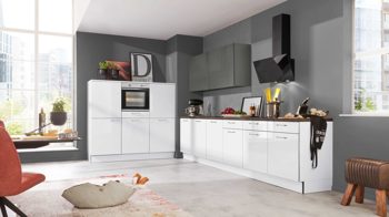 Einbauküche Interliving aus Holz in Weiß Interliving Küche Serie 3051 mit Einbaugeräten Arctiweiß & Quarzgrau Hochglanz – zweizeilig