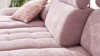 Ecksofa KAWOO aus Stoff in Rosa KAWOO Polsterprogramm Torino - Ecksofa fliederfarbenes Flachgewebe Paris 21572 & schwarze Metallfüße – Stellfläche ca. 186 x 312 cm