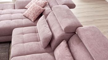 Ecksofa KAWOO aus Stoff in Rosa KAWOO Polsterprogramm Torino - Ecksofa fliederfarbenes Flachgewebe Paris 21572 & schwarze Metallfüße – Stellfläche ca. 186 x 312 cm