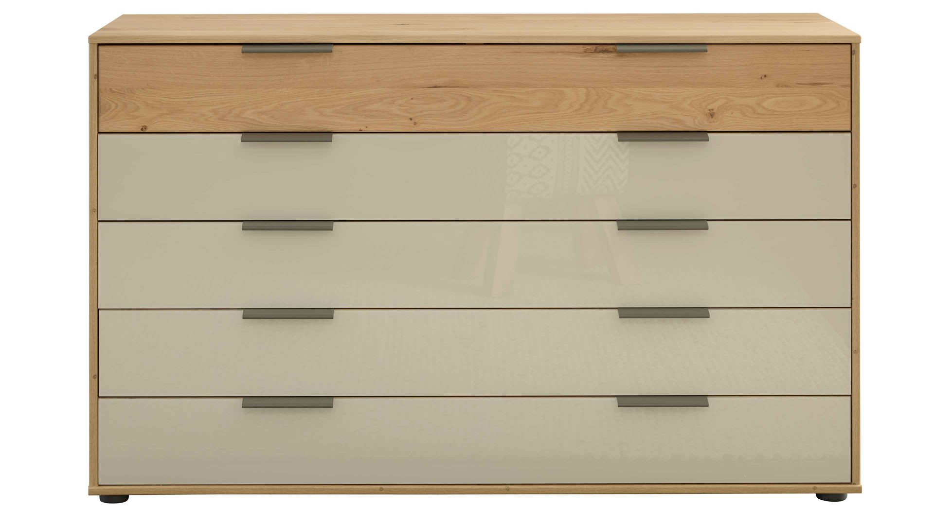Schubladenkommode Interliving aus Holz in Hellgrau Interliving Schlafzimmer Serie 1027 – Schubladenkommode 759 Eiche bianco & Champagner - fünf Schubladen, Breite ca. 141 cm