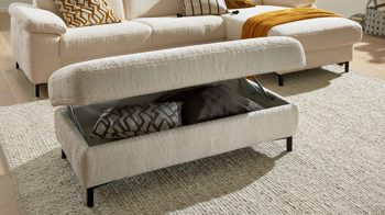 Funktionshocker Interliving aus Stoff in Weiß Interliving Sofa Serie 4054 – Funktionshocker naturweiße Chenille & schwarze Metallfüße – ca. 130 x 60 cm