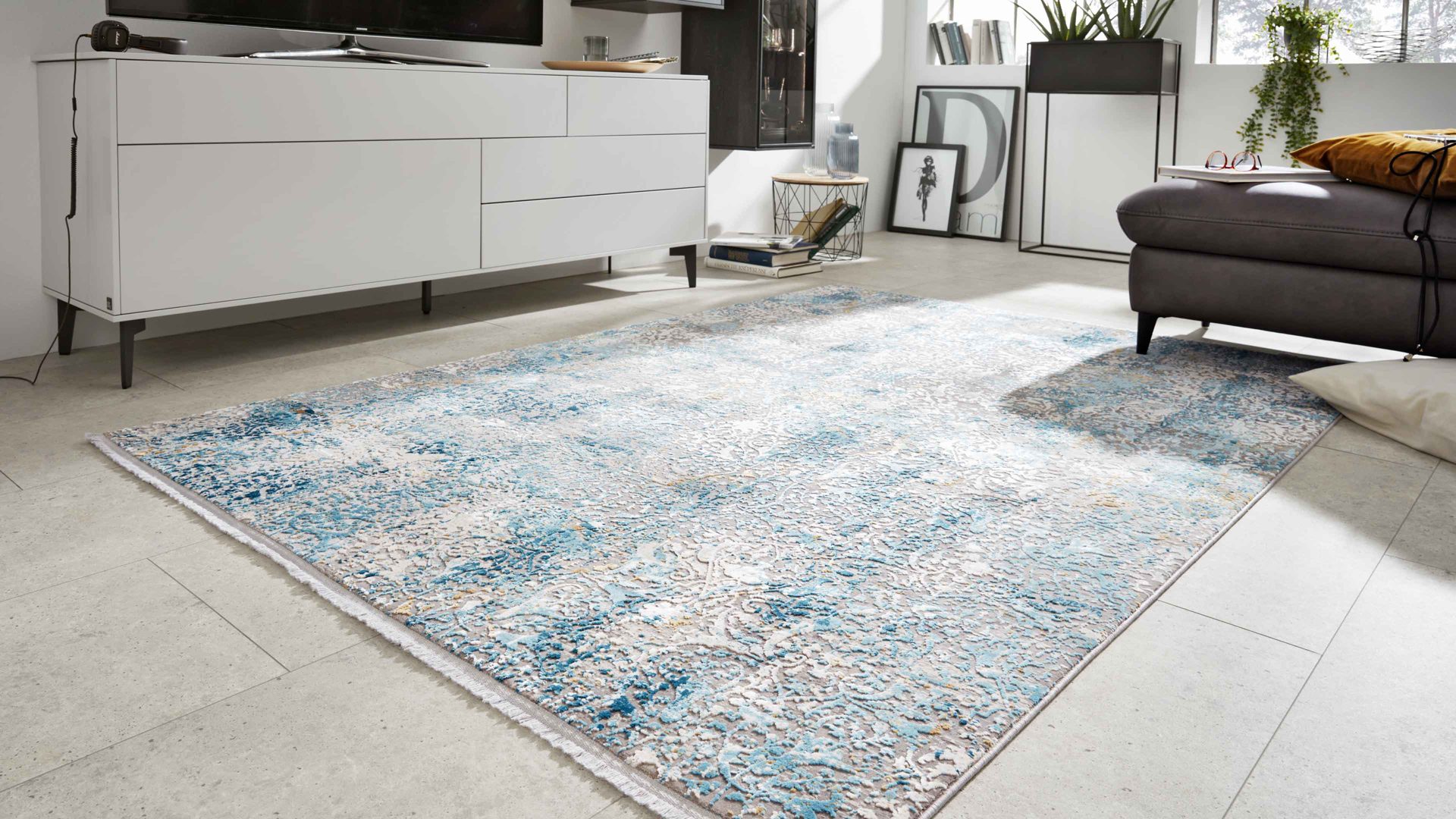 Webteppich Interliving aus Mischgewebe in Blau Interliving Teppich Serie L-8700 Grau-Blau – ca. 140 x 200 cm