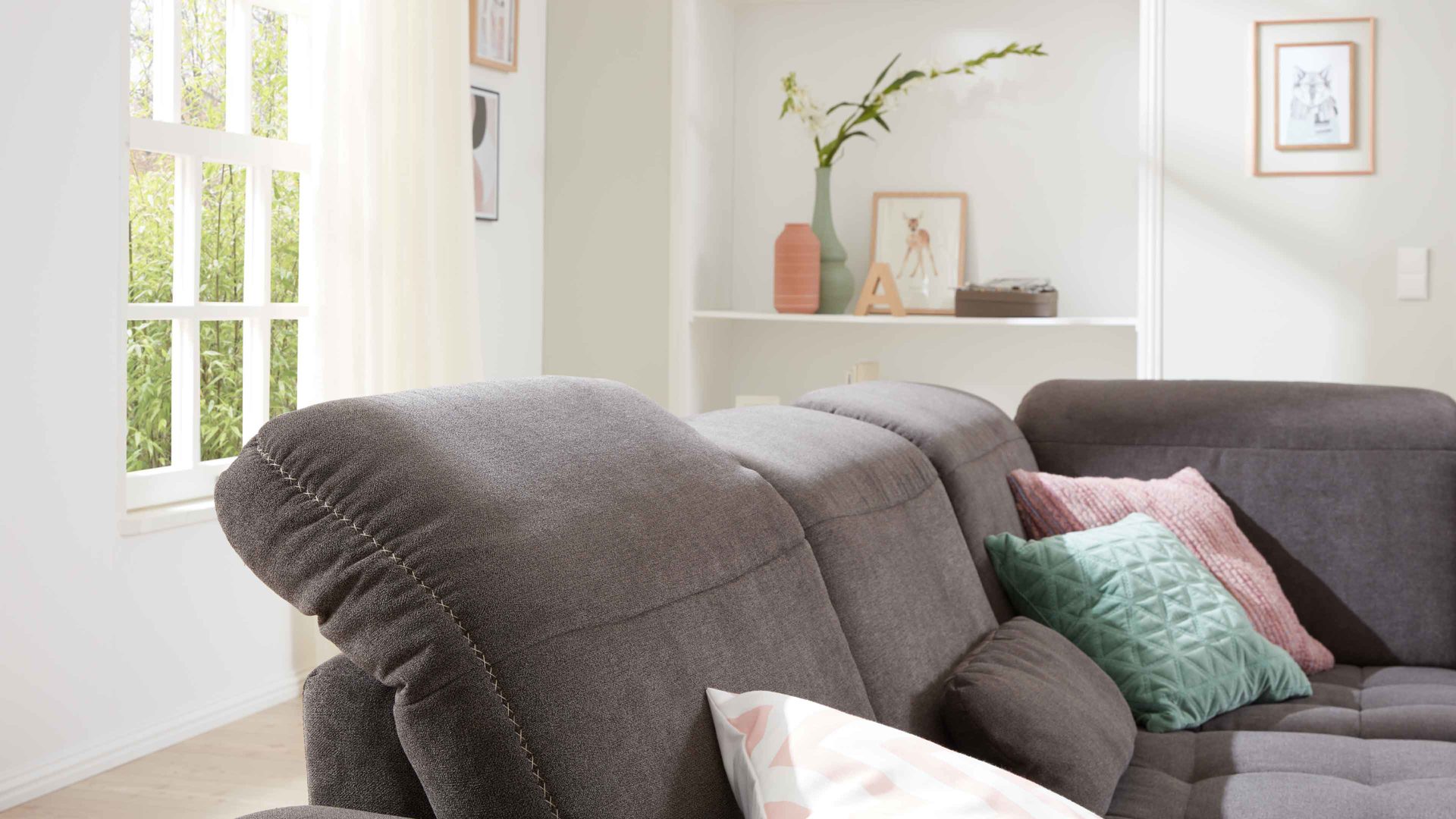 Ecksofa modulmaster aus Stoff in Grau Modulmaster MM-PP1058 - Ecksofa schieferfarbene Mikro-Chenille Charly & Wildeiche – Stellfläche ca. 273 x 243 cm