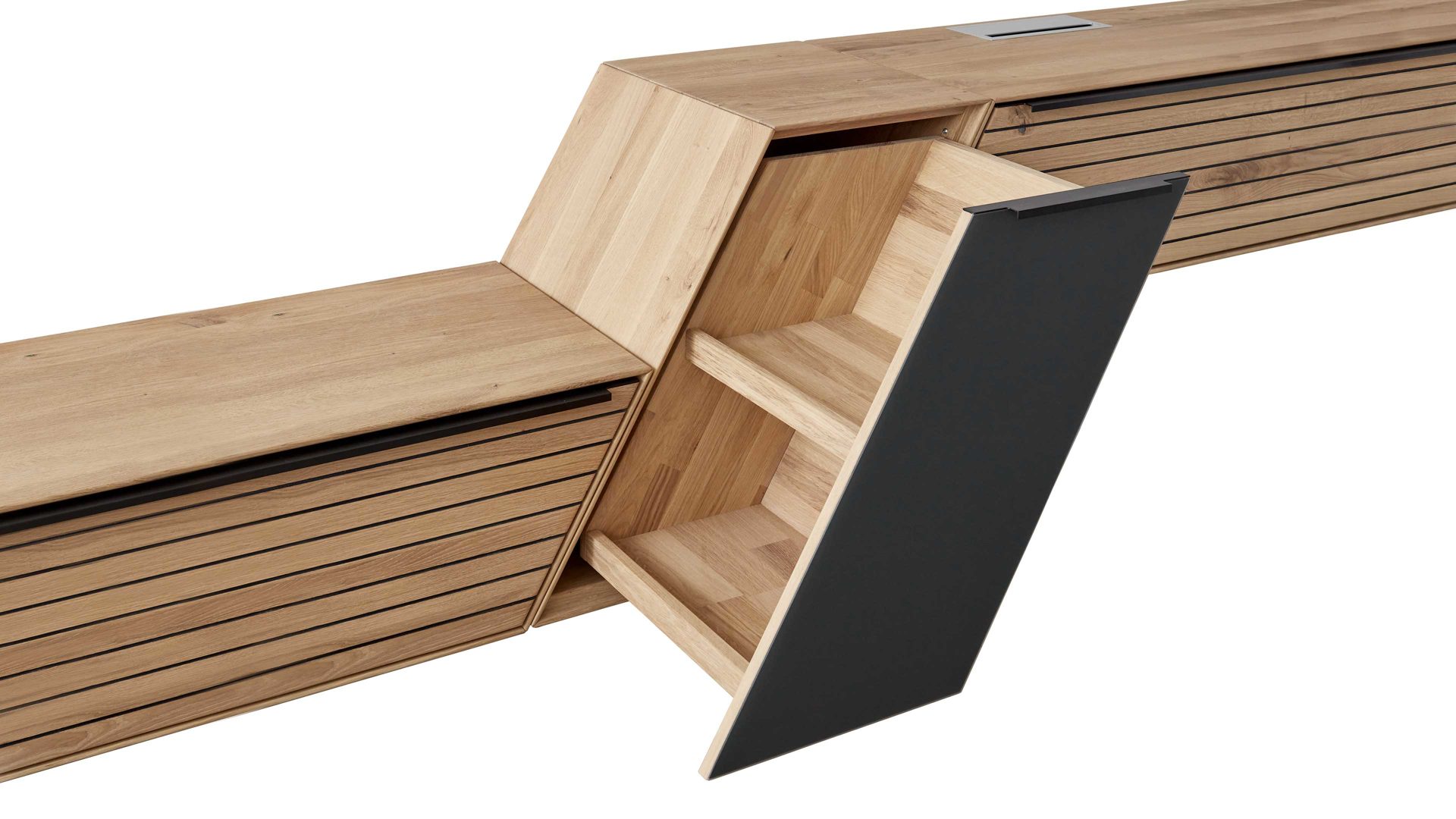 Wohnwand Decker aus Holz in Holzfarben Wohnkombination biancofarbene Asteiche – fünfteilig, Breite ca. 344 cm