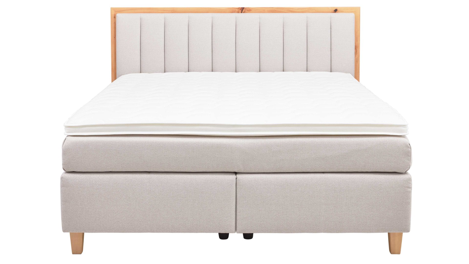 Boxspringbett Interliving aus Stoff in Beige Interliving Boxspringbett Serie 1415 - Boxspringbett mit Holzakzenten hellbeiger Stoffbezug TBB 2 & Holzfuß H72 - Liegefläche ca. 180 x 200 cm
