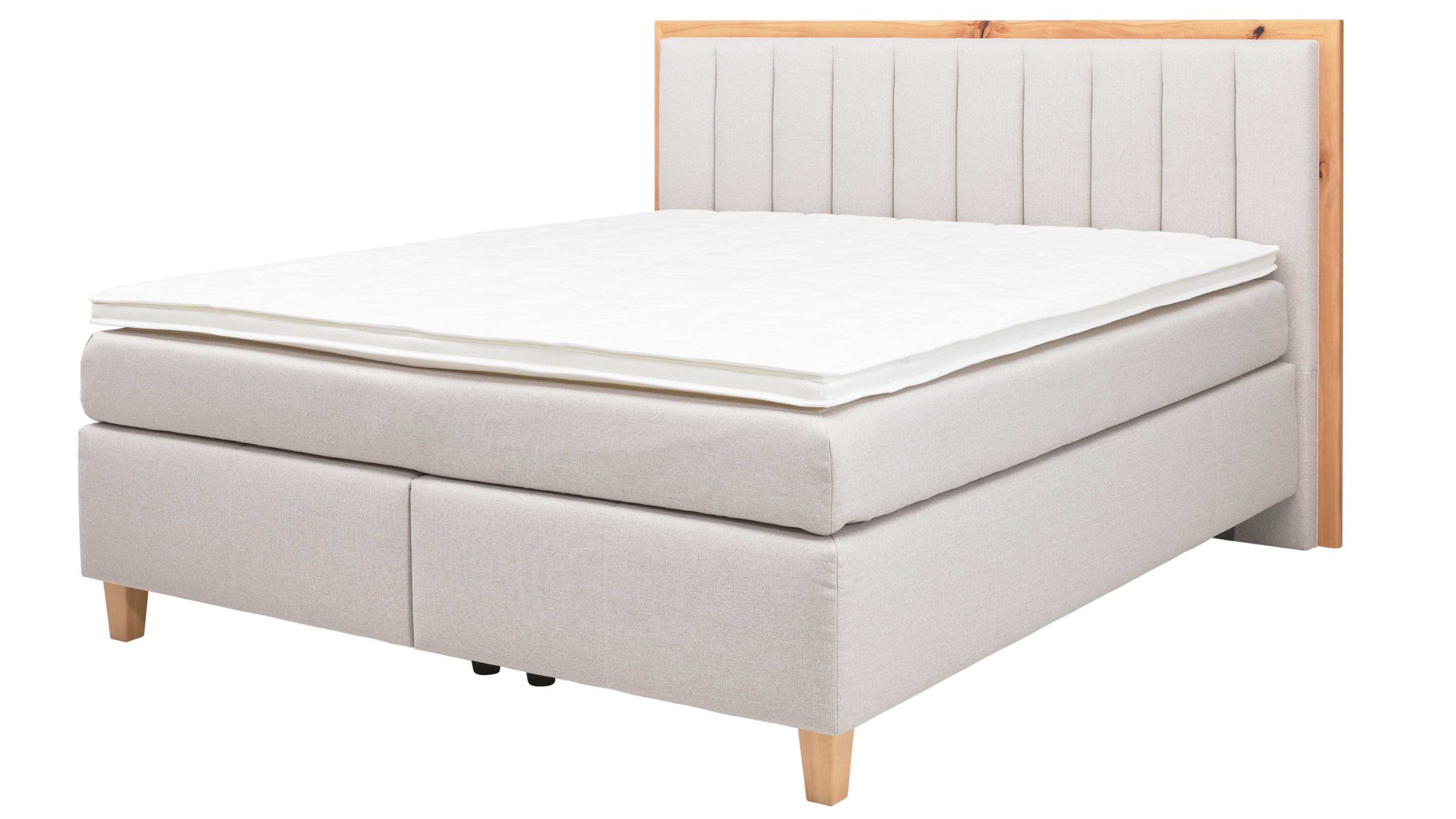 Boxspringbett Interliving aus Stoff in Beige Interliving Boxspringbett Serie 1415 - Boxspringbett mit Holzakzenten hellbeiger Stoffbezug TBB 2 & Holzfuß H72 - Liegefläche ca. 180 x 200 cm