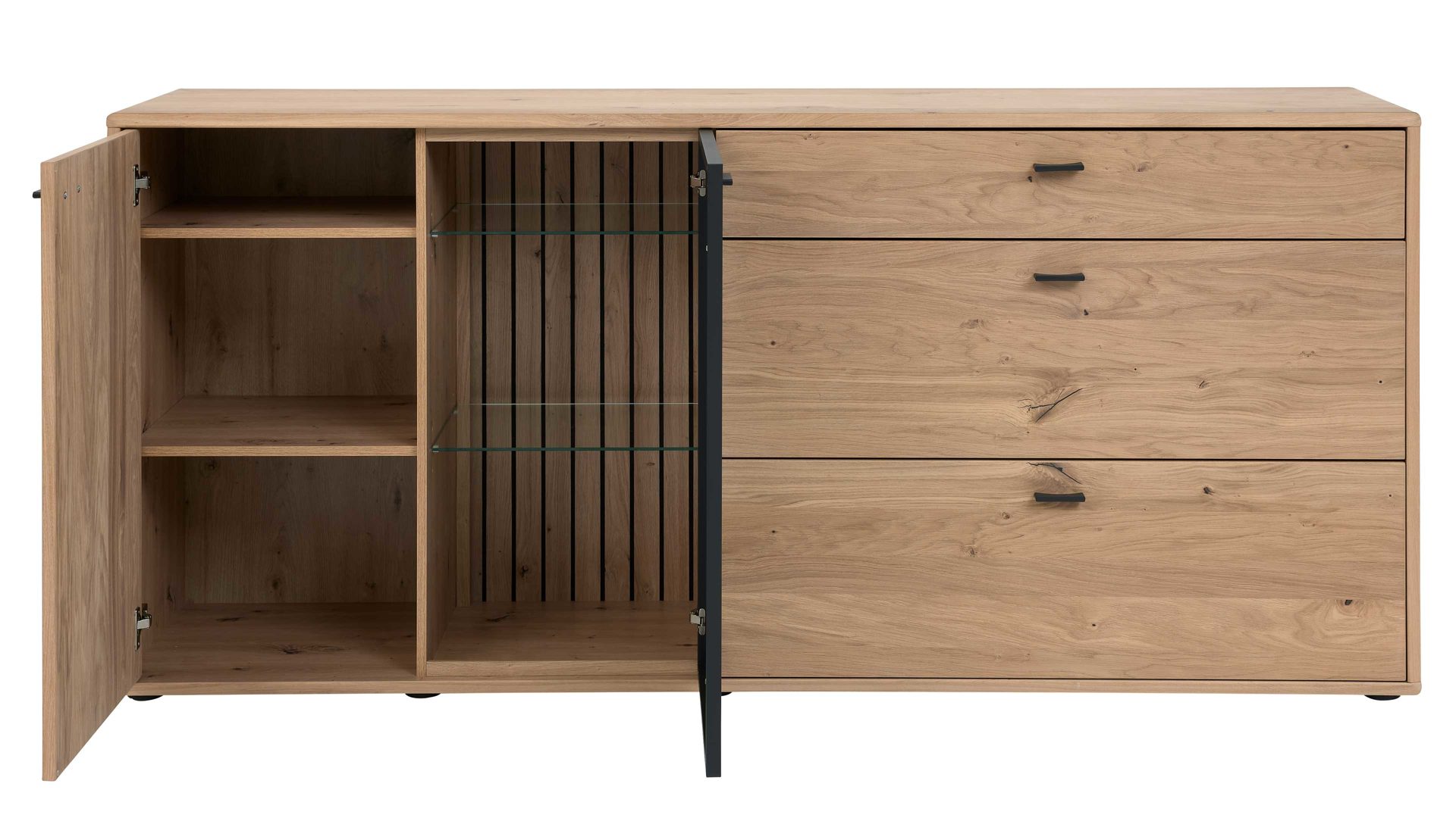 Sideboard Interliving aus Holz in Holzfarben Interliving Wohnzimmer Serie 2024 - Sideboard Eiche & Schwarzglas - zwei Türen, drei Schubladen