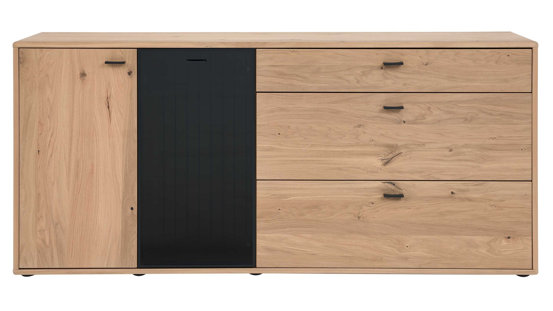 Sideboard Interliving aus Holz in Holzfarben Interliving Wohnzimmer Serie 2024 - Sideboard Eiche & Schwarzglas - zwei Türen, drei Schubladen