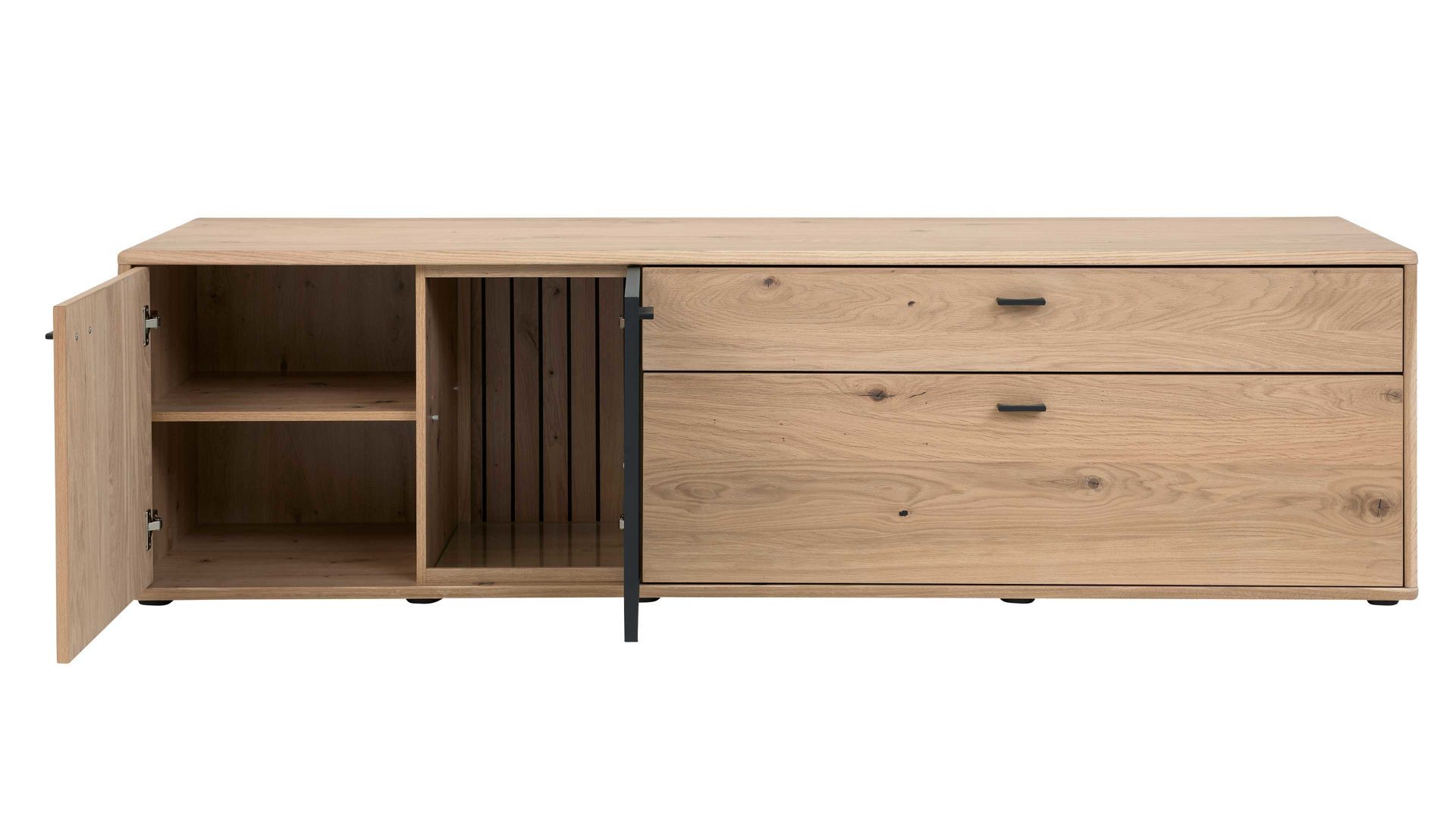 Lowboard Interliving aus Holz in Holzfarben Interliving Wohnzimmer Serie 2024 - TV-Element Eiche & Schwarzglas -zwei Türen, zwei Schubladen, Breite ca. 205 cm