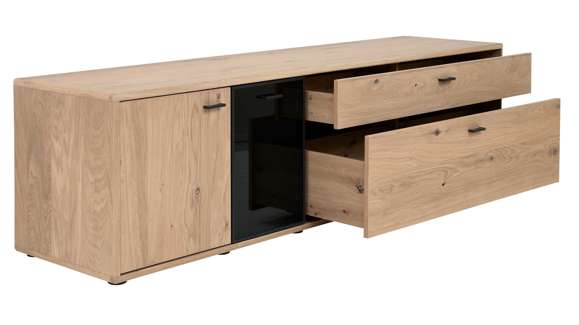 Lowboard Interliving aus Holz in Holzfarben Interliving Wohnzimmer Serie 2024 - TV-Element Eiche & Schwarzglas -zwei Türen, zwei Schubladen, Breite ca. 205 cm