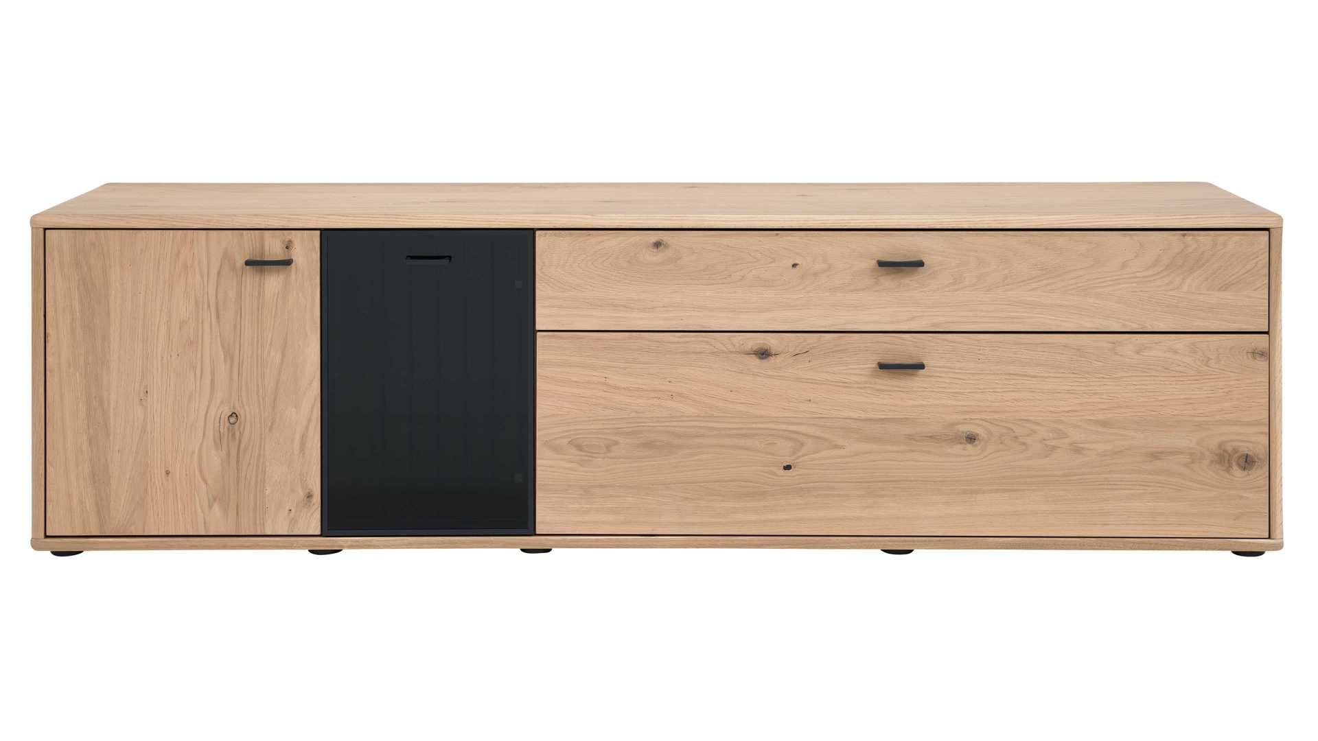 Lowboard Interliving aus Holz in Holzfarben Interliving Wohnzimmer Serie 2024 - TV-Element Eiche & Schwarzglas -zwei Türen, zwei Schubladen, Breite ca. 205 cm