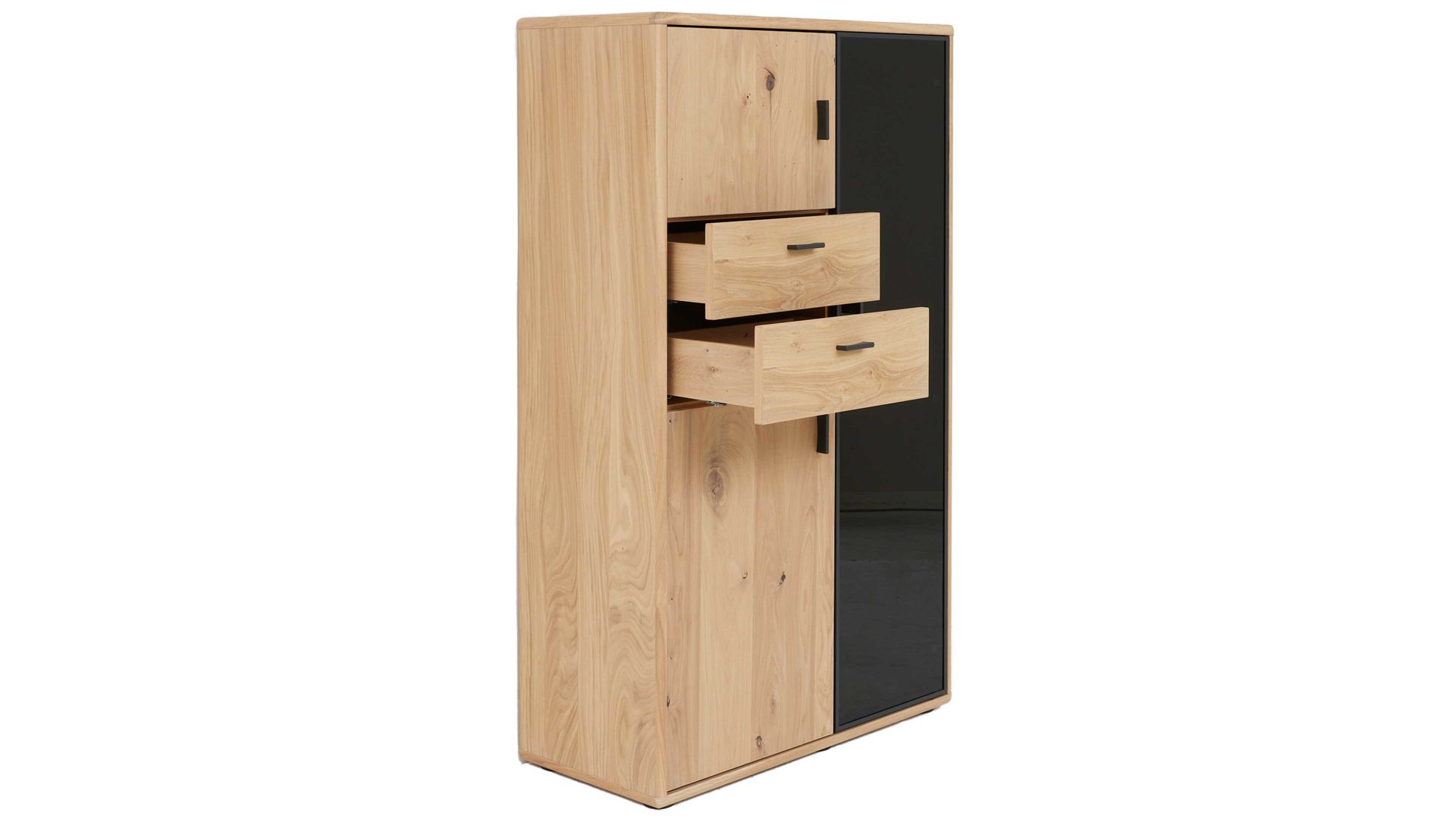Wohnwand Interliving aus Holz in Holzfarben Interliving Wohnzimmer Serie 2024 - Wohnwand Eiche & Schwarzglas - dreiteilig, Breite ca. 319 cm