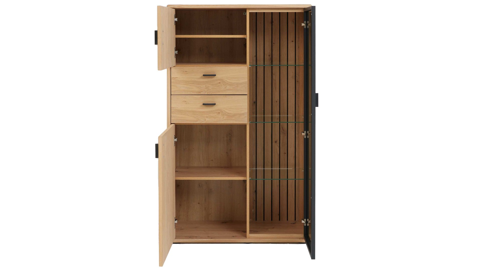 Highboard Interliving aus Holz in Holzfarben Interliving Wohnzimmer Serie 2024 - Highboard Eiche & Schwarzglas - drei Türen, zwei Schubladen