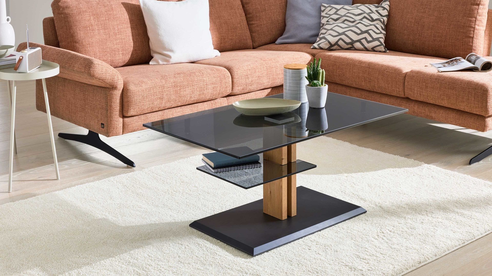 Couchtisch Interliving aus Glas in Dunkelgrau Interliving Couchtisch Serie 6212 - Couchtisch GPA-EBI graues Parsolglas & Wildeiche - ca. 100 x 60 cm