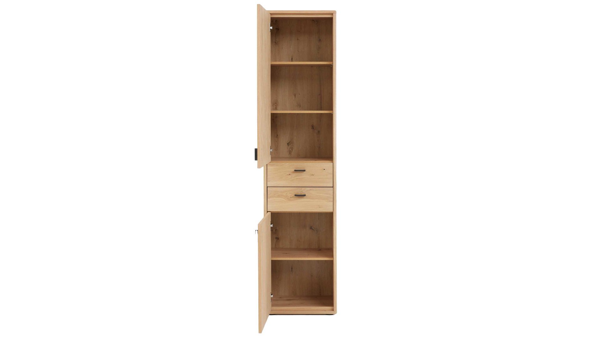 Einzelschrank Interliving aus Holz in Holzfarben Interliving Wohnzimmer Serie 2024 - Schrank Eiche & Schwarzglas - zwei Türen, zwei Schubladen, Höhe ca. 208 cm