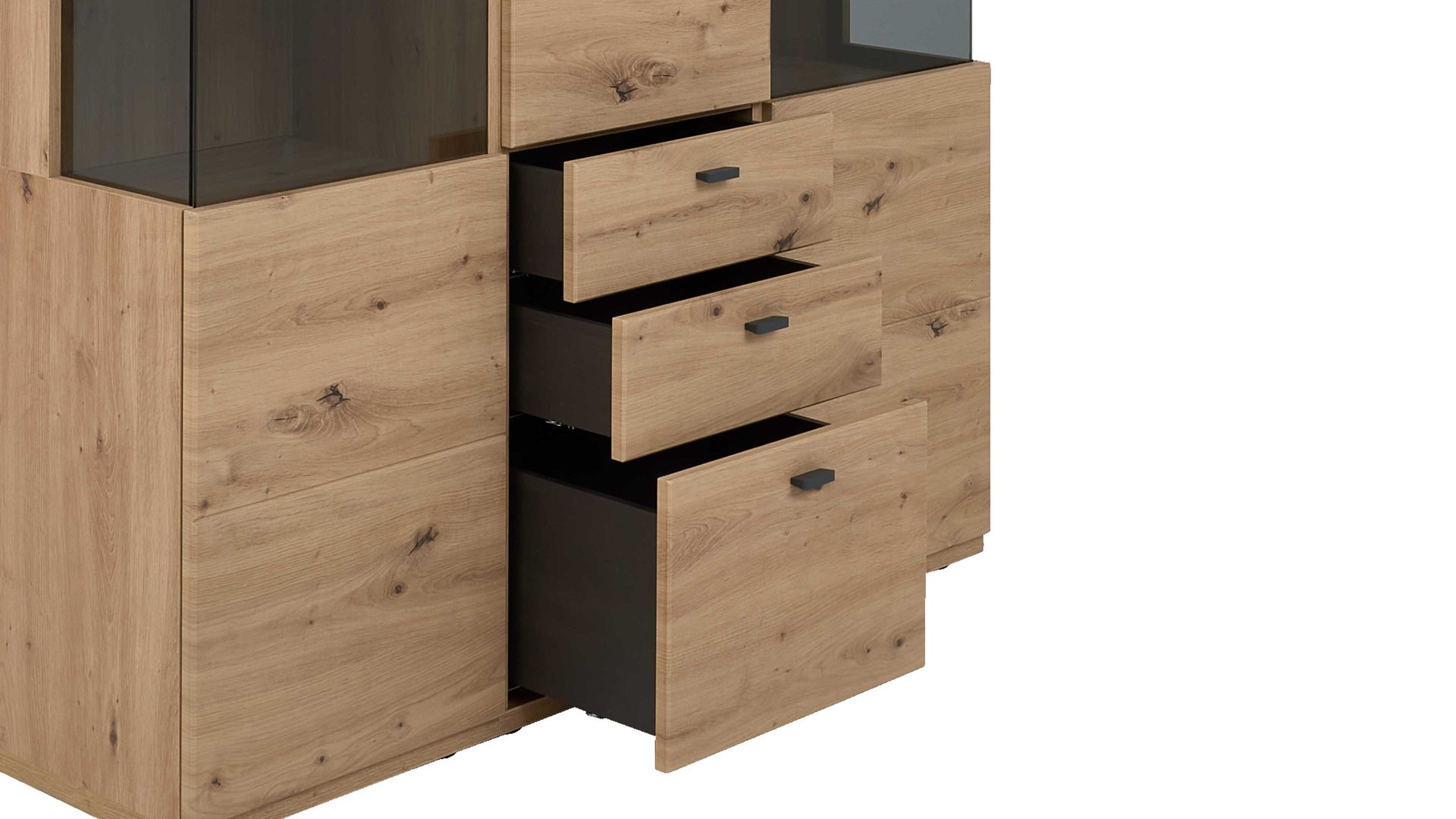 Vitrine Interliving aus Holz in Holzfarben Interliving Wohnzimmer Serie 2110 - Vitrine Alteiche - drei Türen, zwei Schubladen, Breite ca. 135 cm