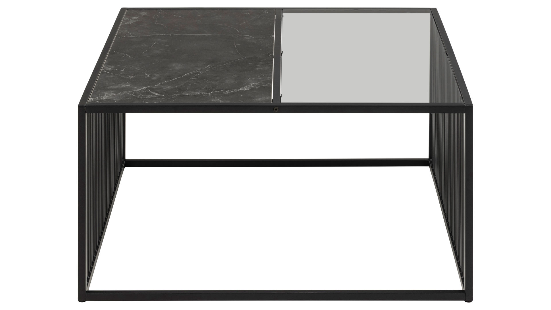 Couchtisch Actona group aus MDF in Schwarz Couchtisch Strington rauchfarbenes Glas & schwarze Marmoroptik, schwarzes Metallgestell - ca. 80 x 80 cm