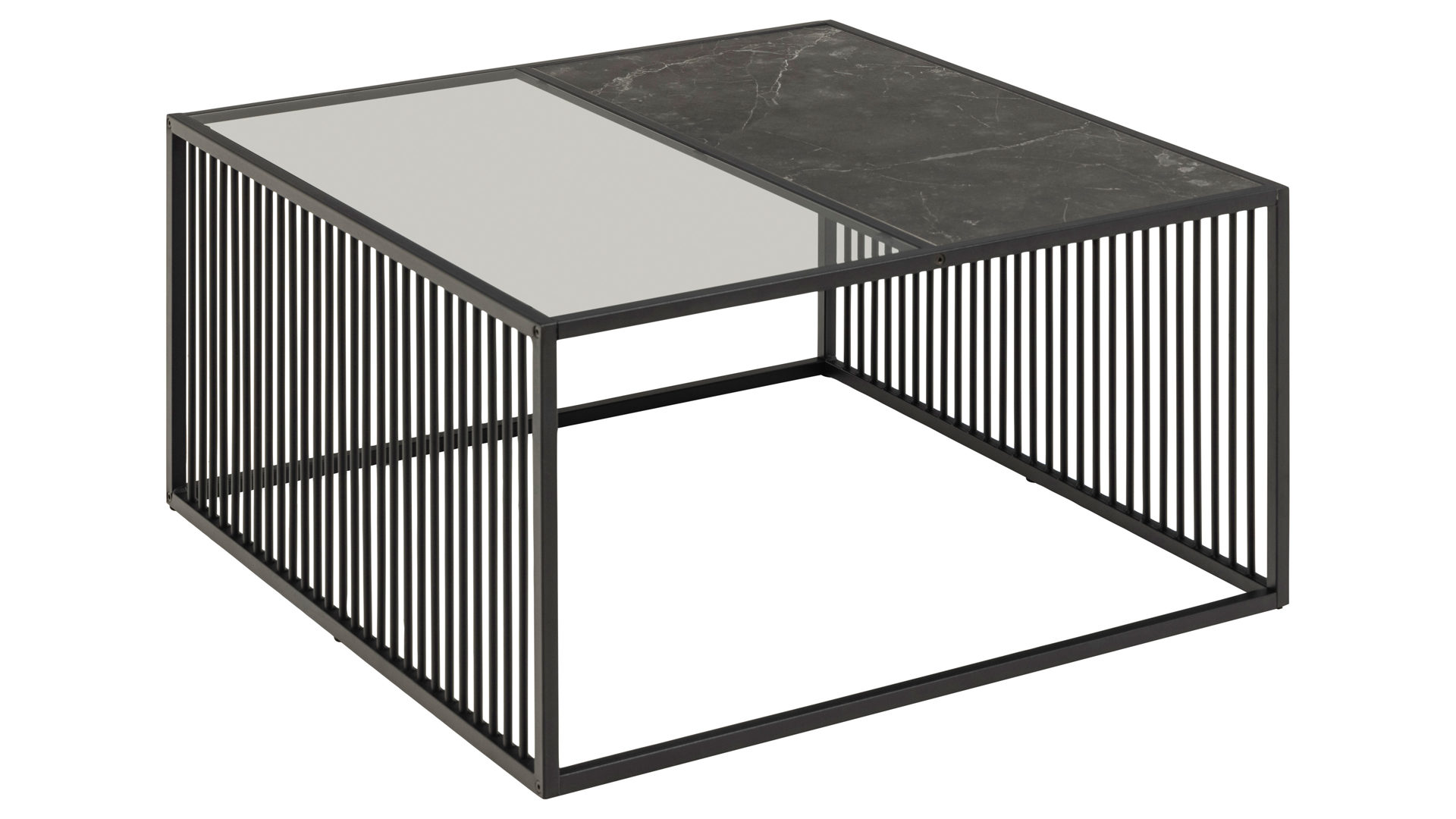 Couchtisch Actona group aus MDF in Schwarz Couchtisch Strington rauchfarbenes Glas & schwarze Marmoroptik, schwarzes Metallgestell - ca. 80 x 80 cm