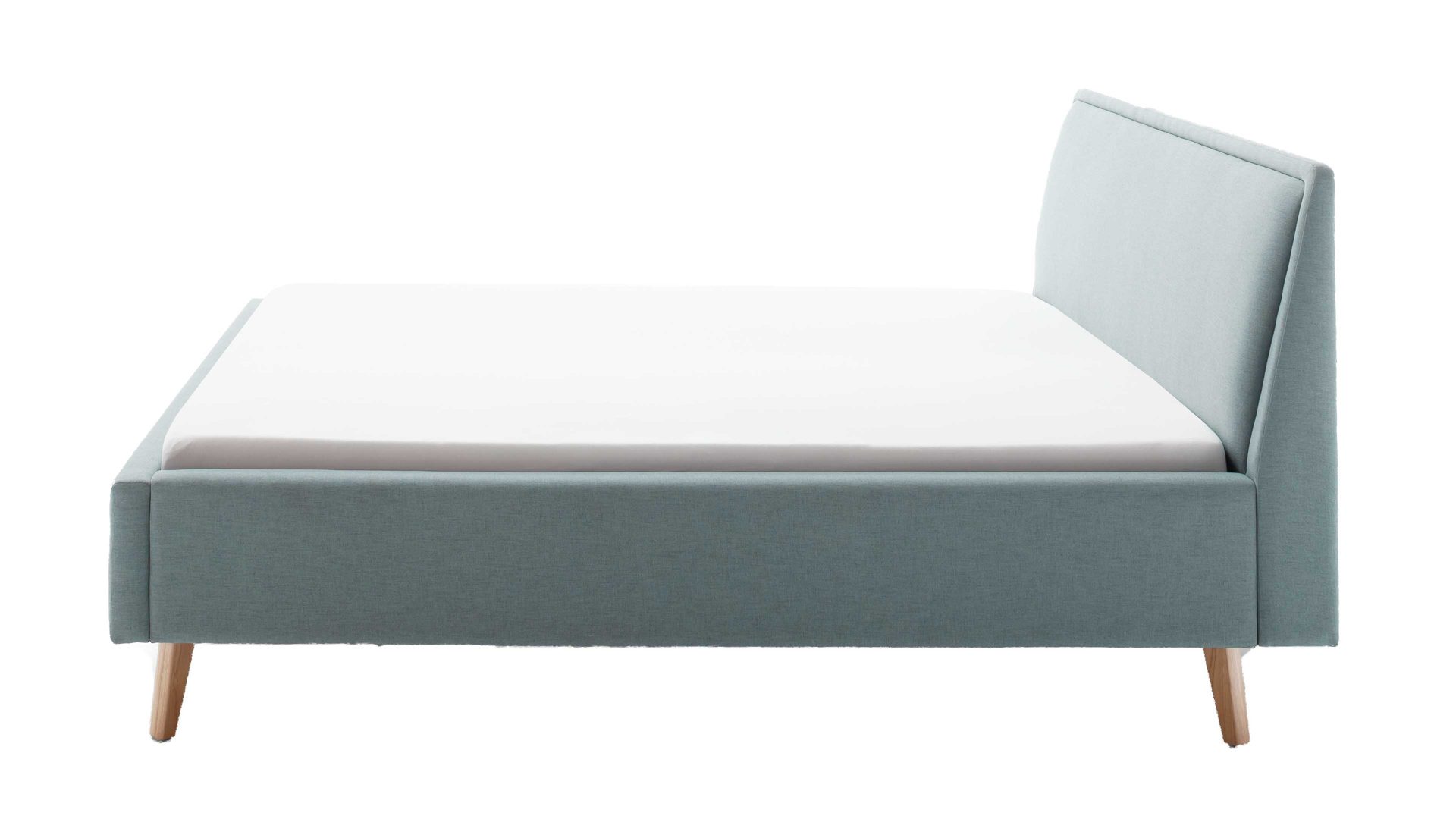 Bettgestell Meise.möbel aus Stoff in Blau Polsterbettgestell Frieda mit Bettkasten eisblauer Bezug Sawana 72 & eichefarbene Holzfüße - Liegefläche ca. 180 x 200 cm