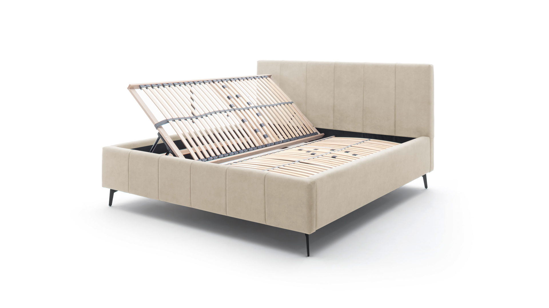 Polsterbett Meise.möbel aus Stoff in Beige Polsterbettgestell Lizzano mit Bettkasten beiger Samtbezug Cloud 03 & Metallfüße - Liegefläche ca. 160 x 200 cm
