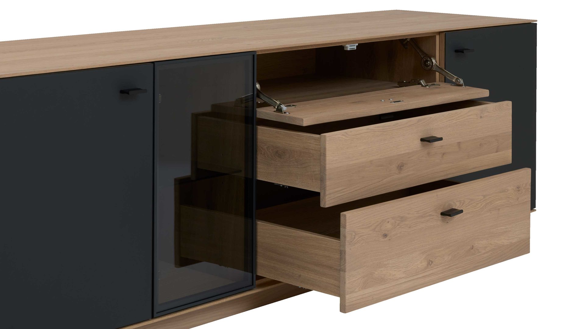 Lowboard Interliving aus Holz in Holzfarben Interliving Wohnzimmer Serie 2025 - Lowboard Wildeiche, Anthrazit & Kork - Breite ca. 195 cm