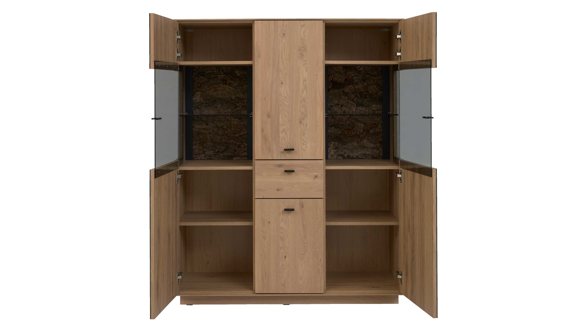 Highboard Interliving aus Holz in Holzfarben Interliving Wohnzimmer Serie 2025 - Highboard 22 Wildeiche, Anthrazit & Kork - vier Türen, eine Schublade, Breite ca. 116 cm