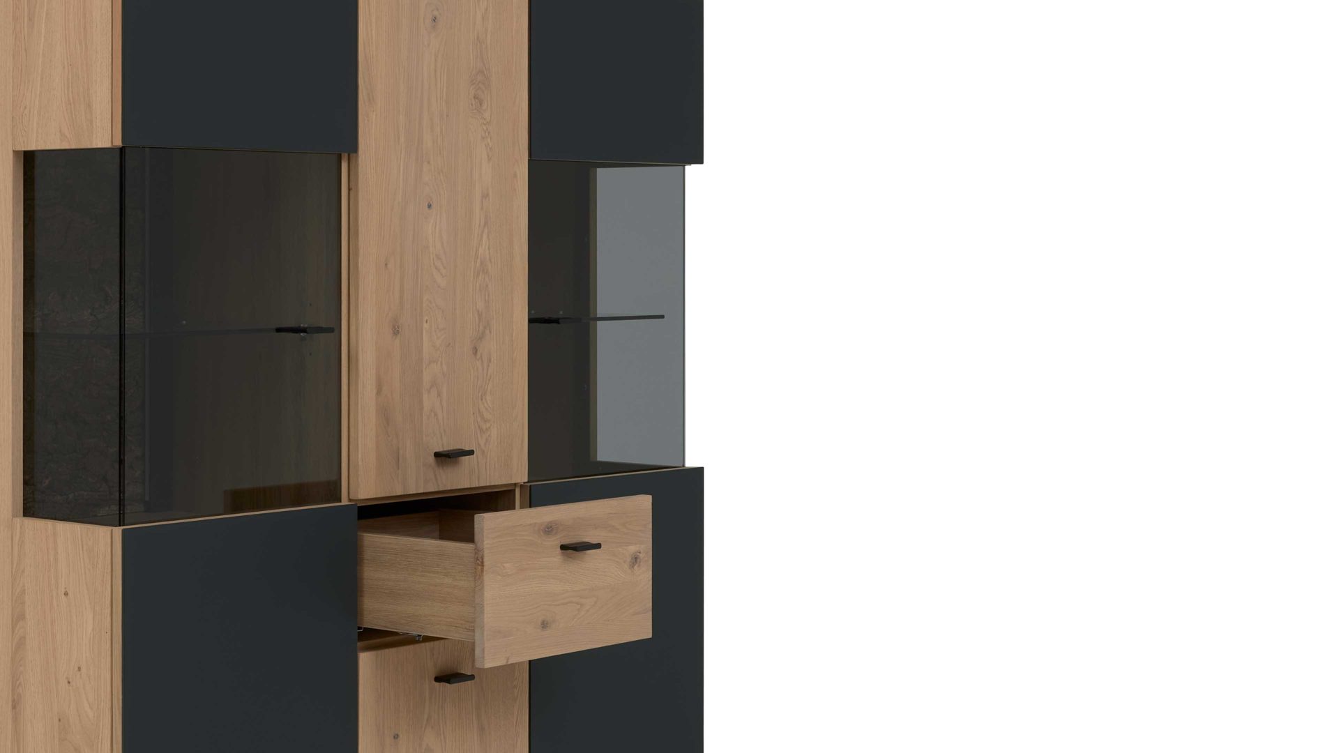 Highboard Interliving aus Holz in Holzfarben Interliving Wohnzimmer Serie 2025 - Highboard Wildeiche, Anthrazit & Kork - vier Türen, eine Schublade, Breite ca. 116 cm