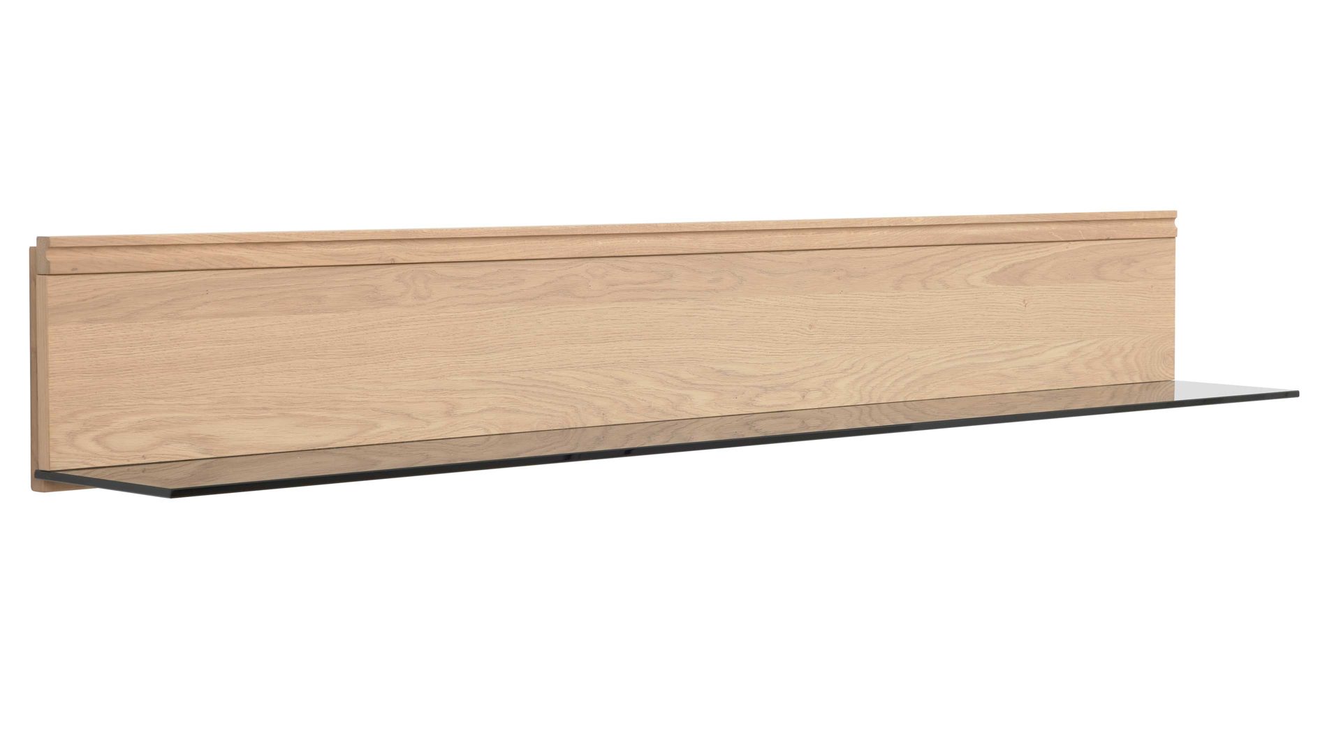 Wandregal Interliving aus Holz in Holzfarben Interliving Wohnzimmer Serie 2025 - Wandregal Wildeiche & Parsolglas - Länge ca. 150 cm