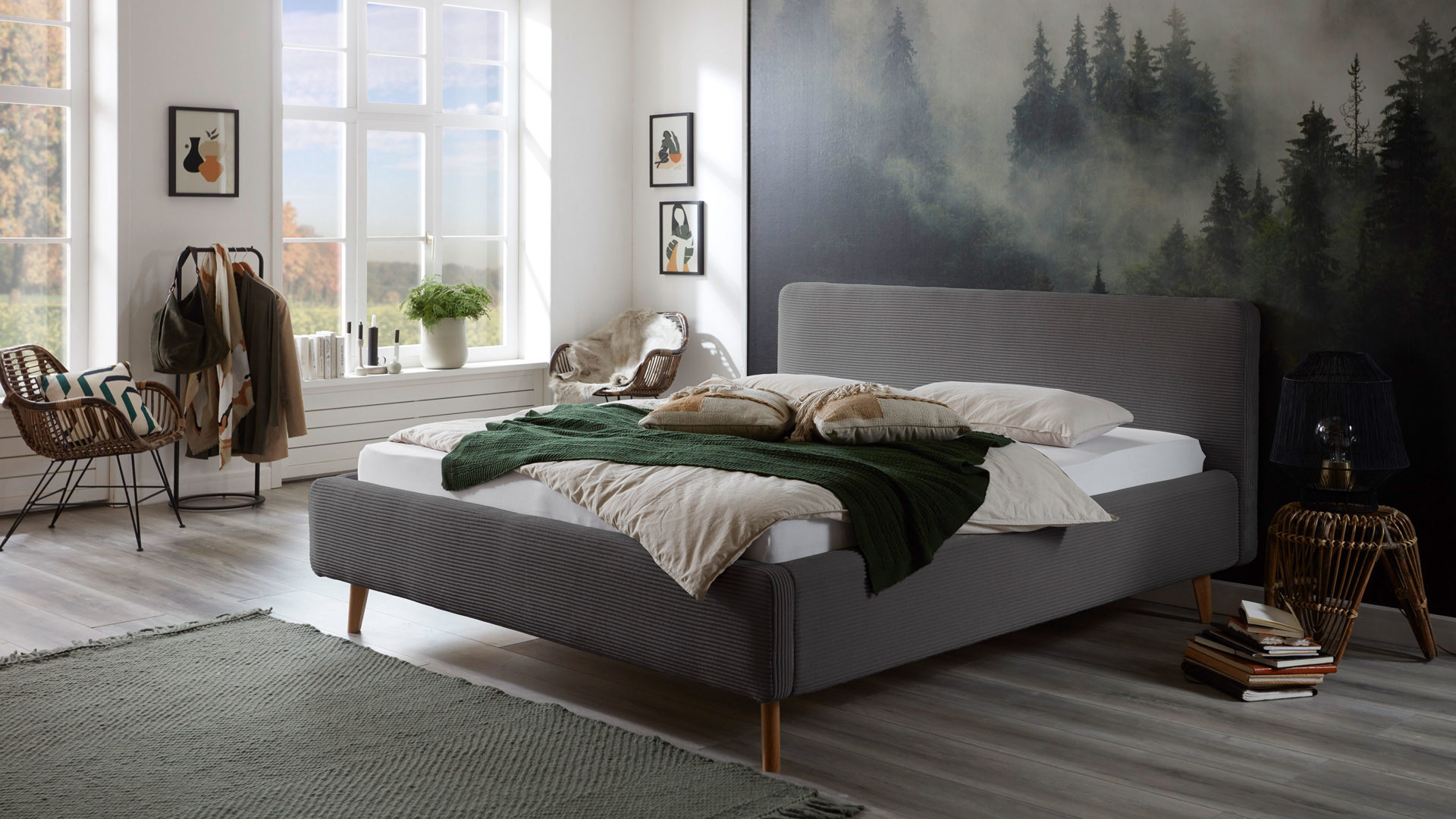 Bettgestell Meise.möbel aus Stoff in Grau Polsterbettgestell Mattis grauer Breitcord Poso 22 & Holzfüße - Liegefläche ca. 180 x 200 cm